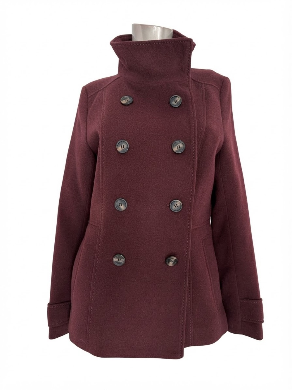 H&M Womens 8 Burgundy Double Breasted High Collar Peacoat Jacket NWOT